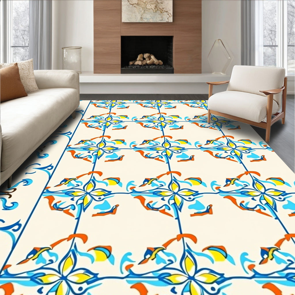 Colorful Floral Tile Pattern Design Rug