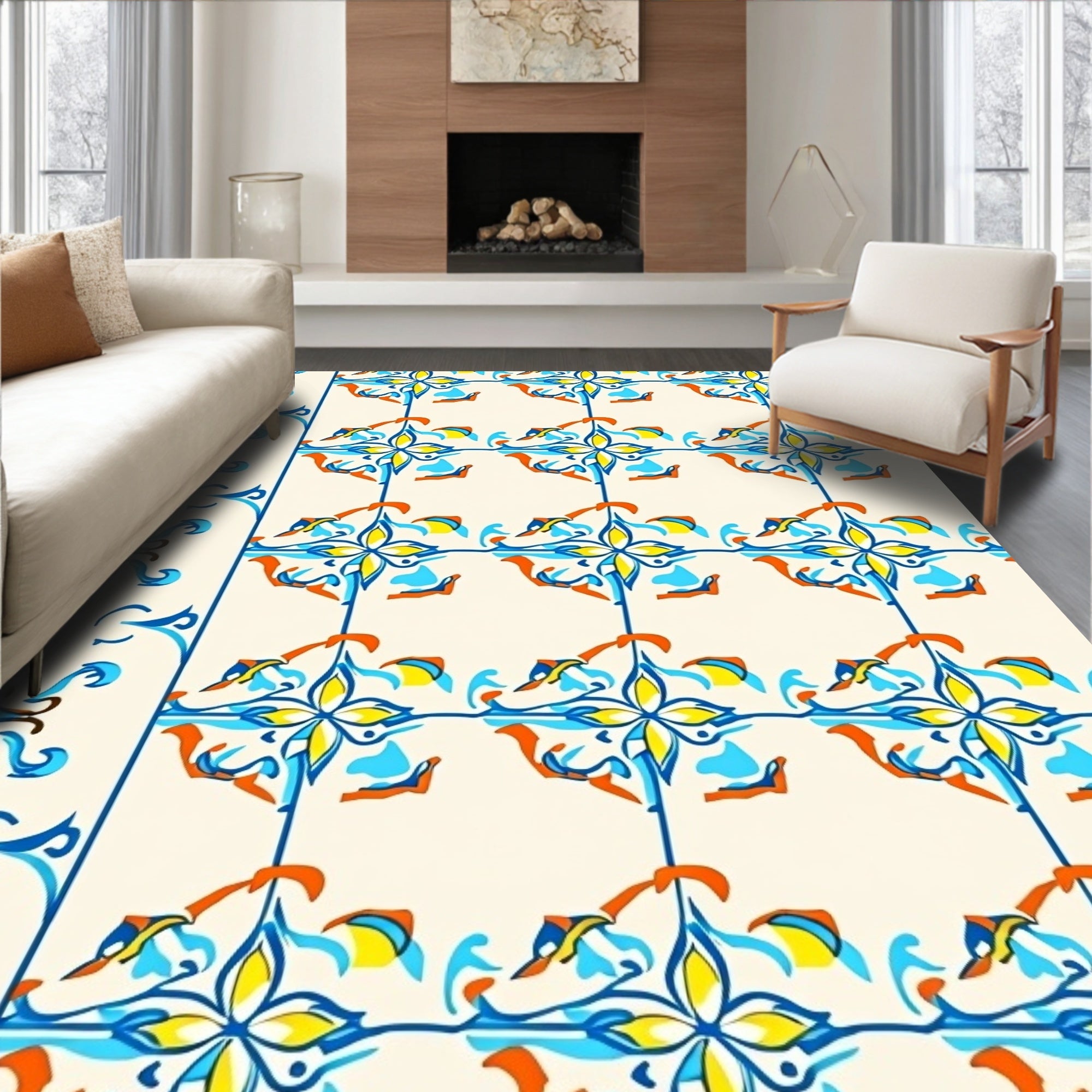 Colorful Floral Tile Pattern Design Rug