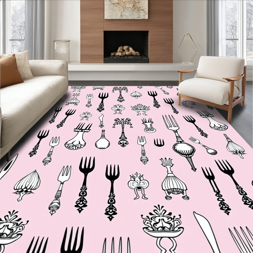 Ornate Utensil Collection on Pink Background Rug