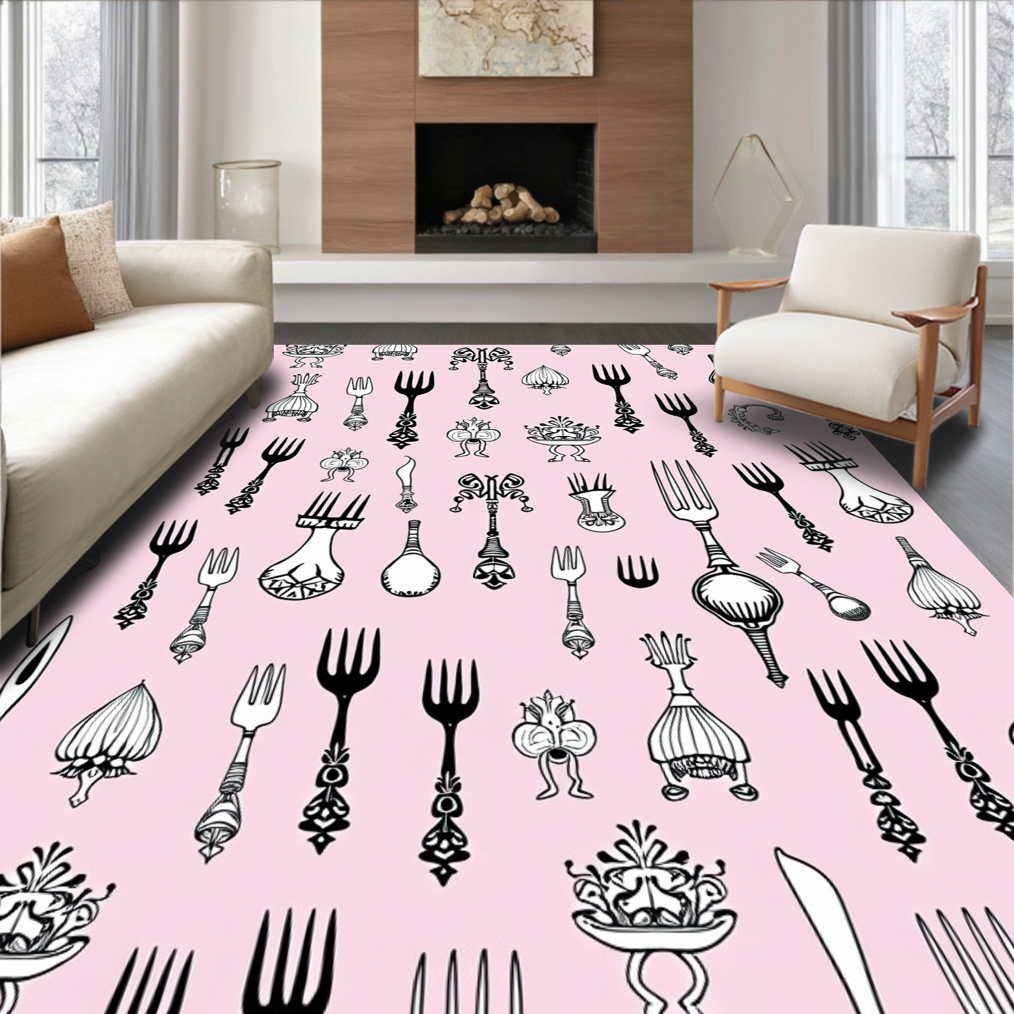 Ornate Utensil Collection on Pink Background Rug