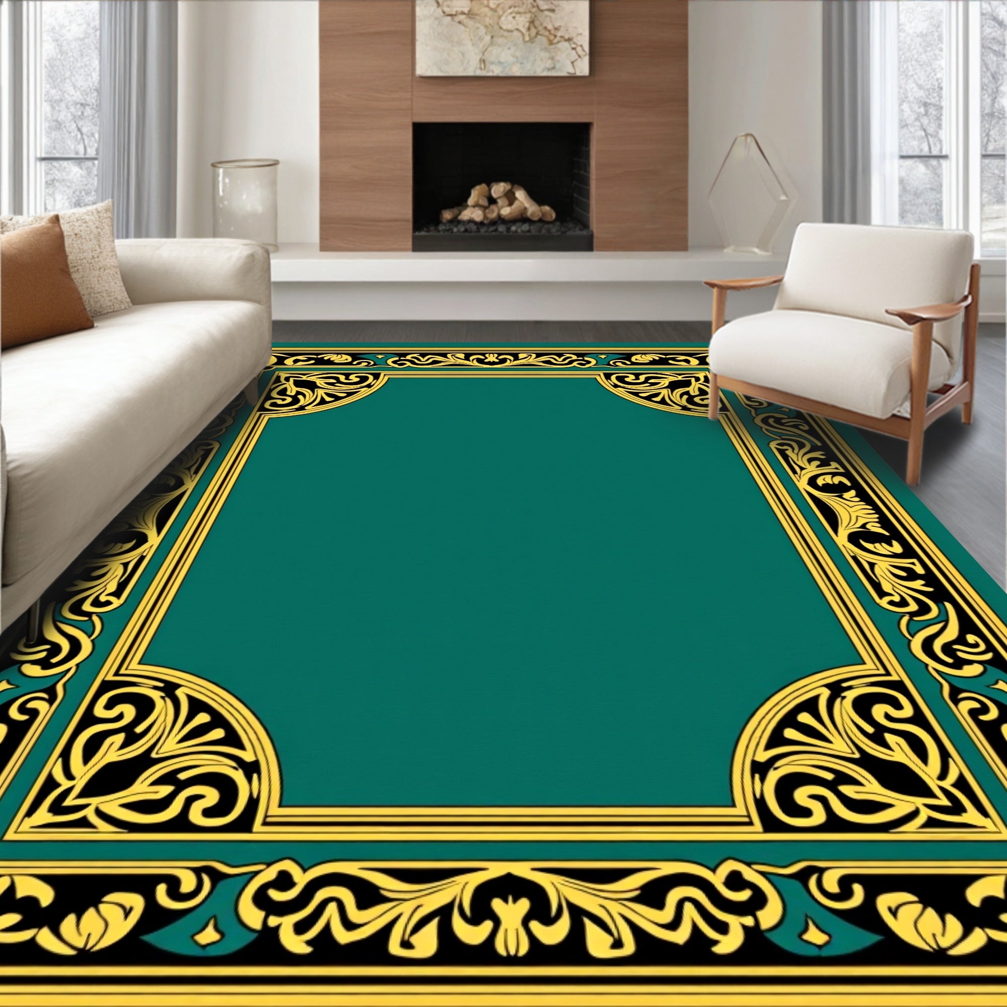 Elegant Black Gold Floral Frame Rug