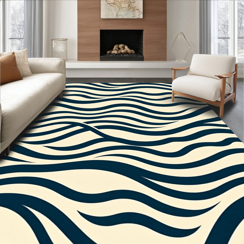 Navy Blue Wavy Lines Pattern Rug