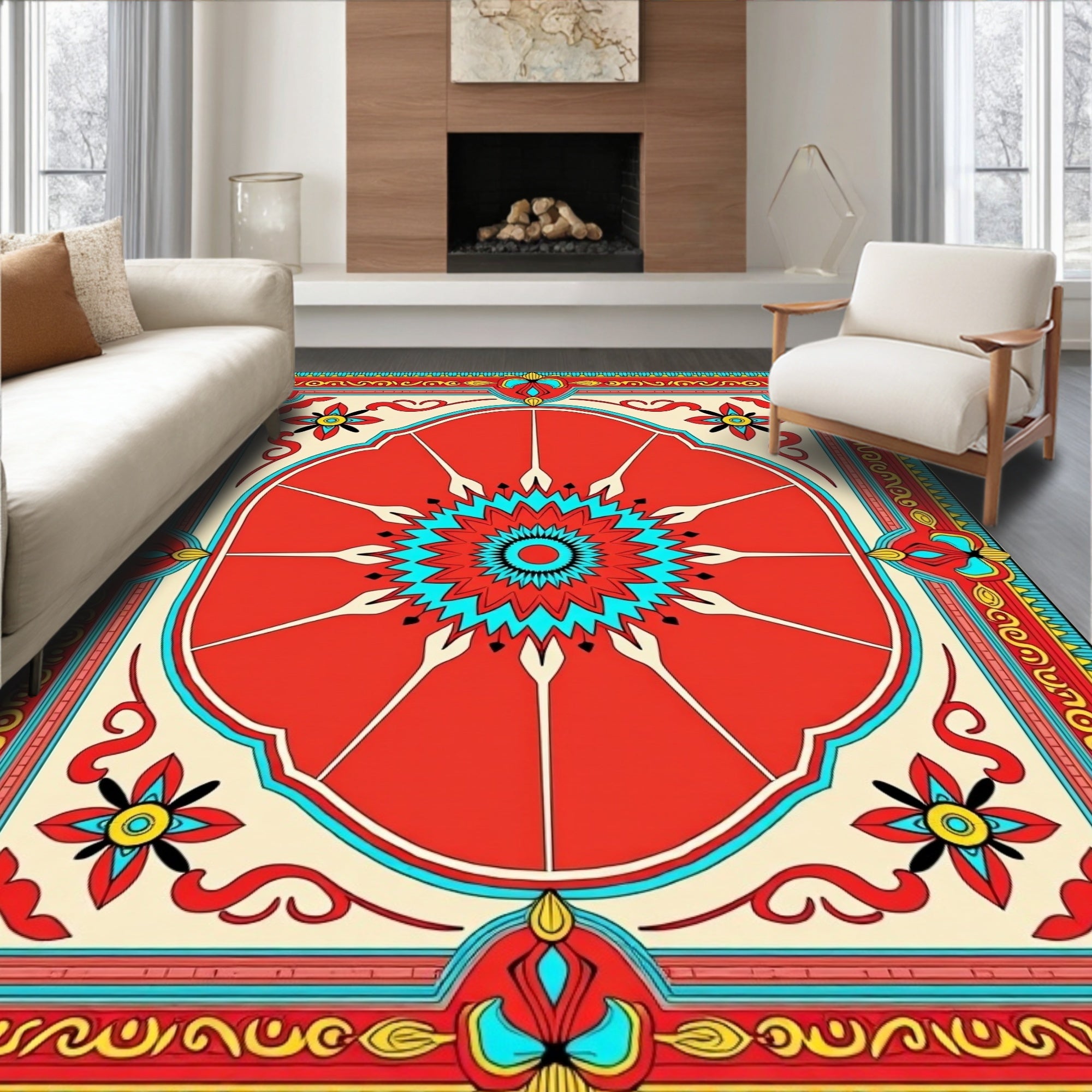 Vibrant Red Radial Floral Pattern Rug
