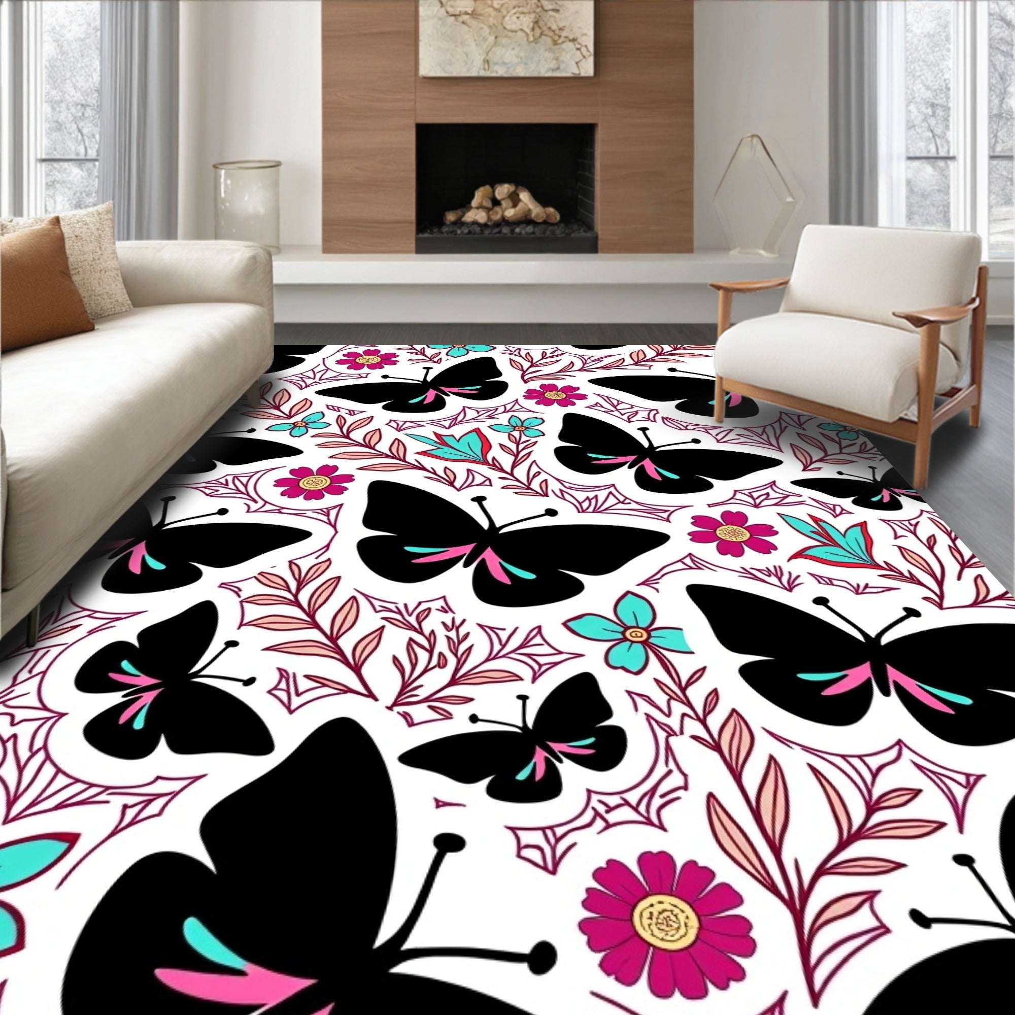 Black Butterfly Garden Pattern Rug
