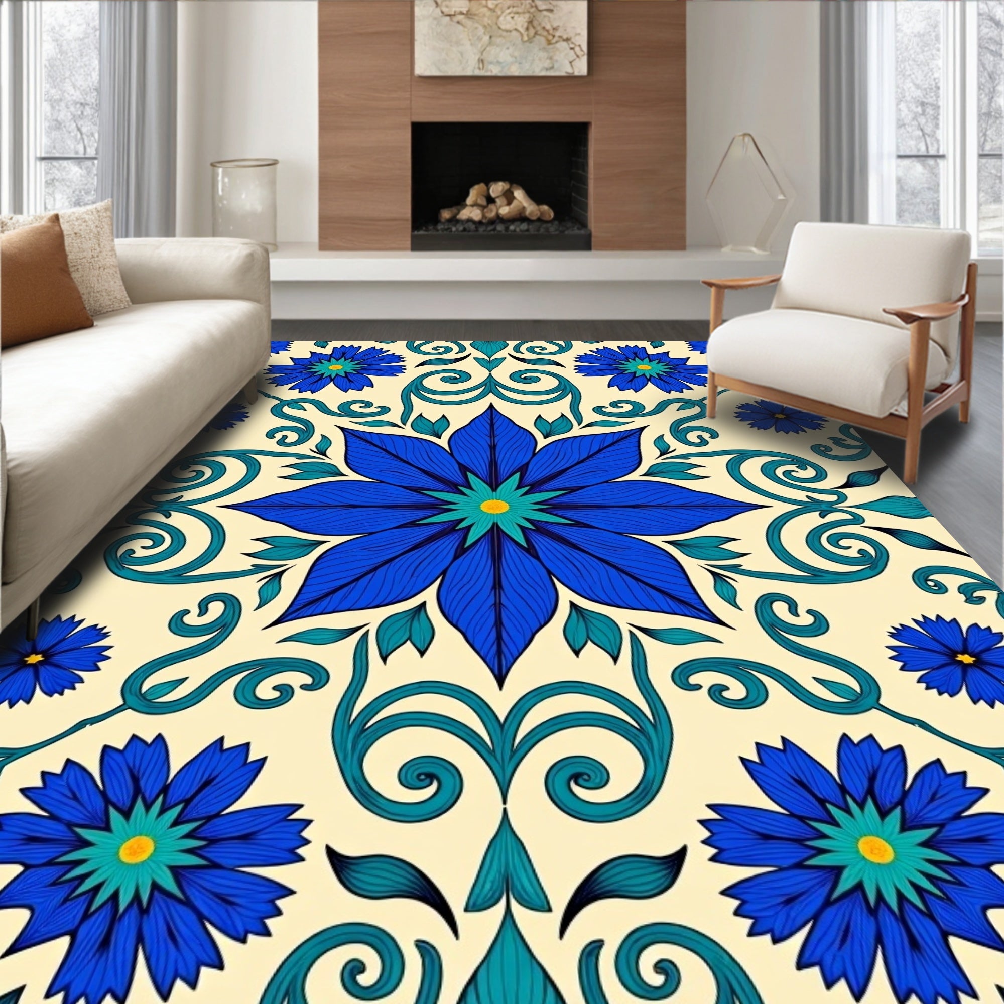 Vibrant Blue Floral Scrollwork Pattern Rug