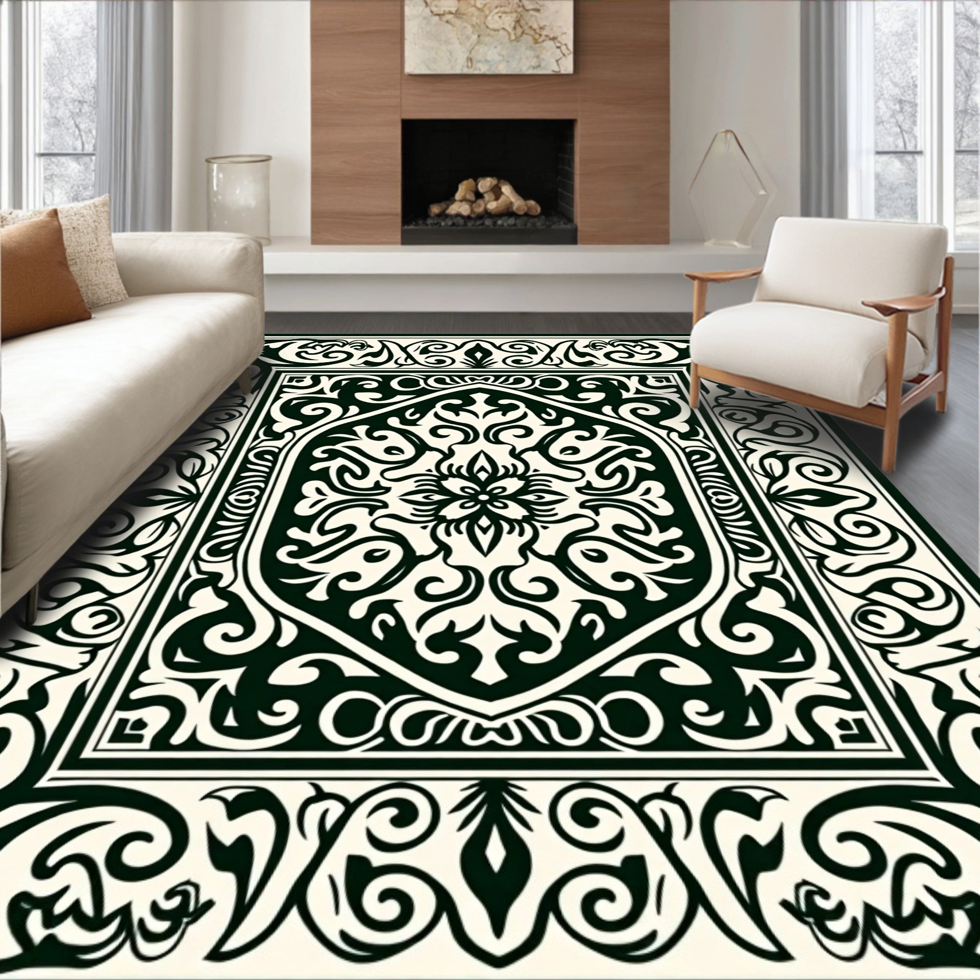 Ornate Floral Scrollwork Geometric Pattern Rug