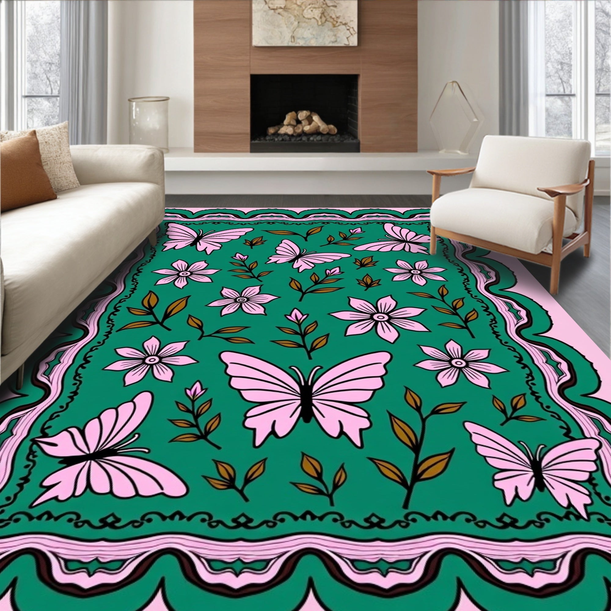 Pink Butterfly Blossom Teal Rug