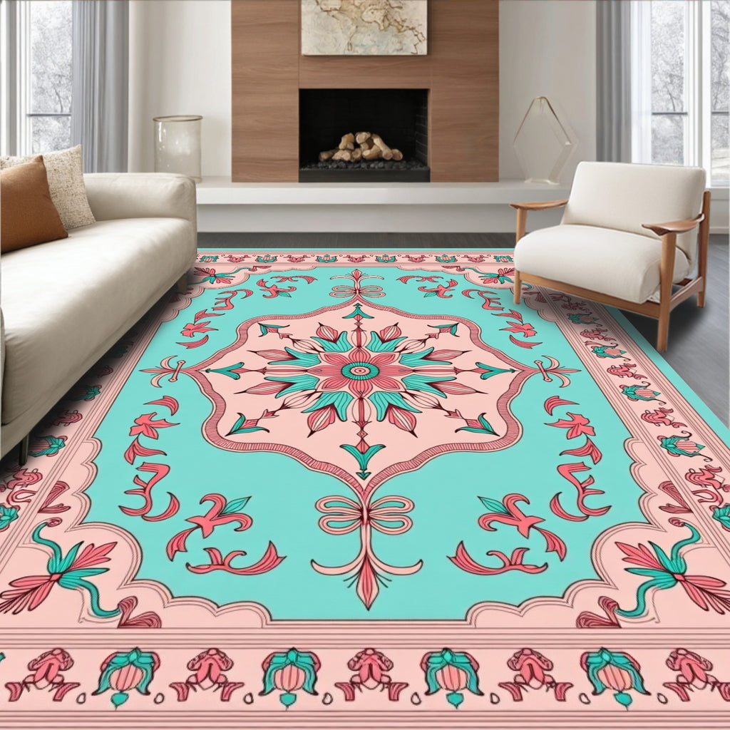 Retro Floral Centerpiece With Border Rug