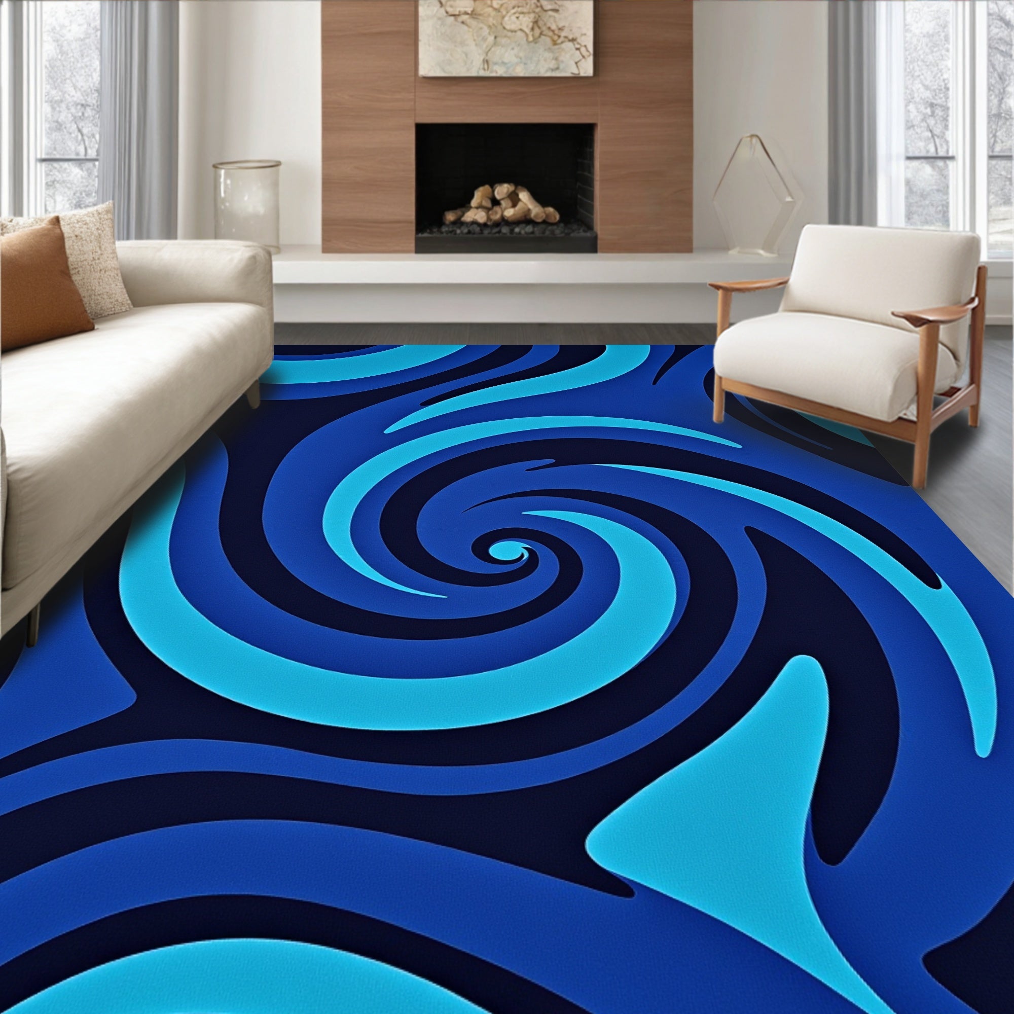 Abstract Blue Swirl Pattern Rug