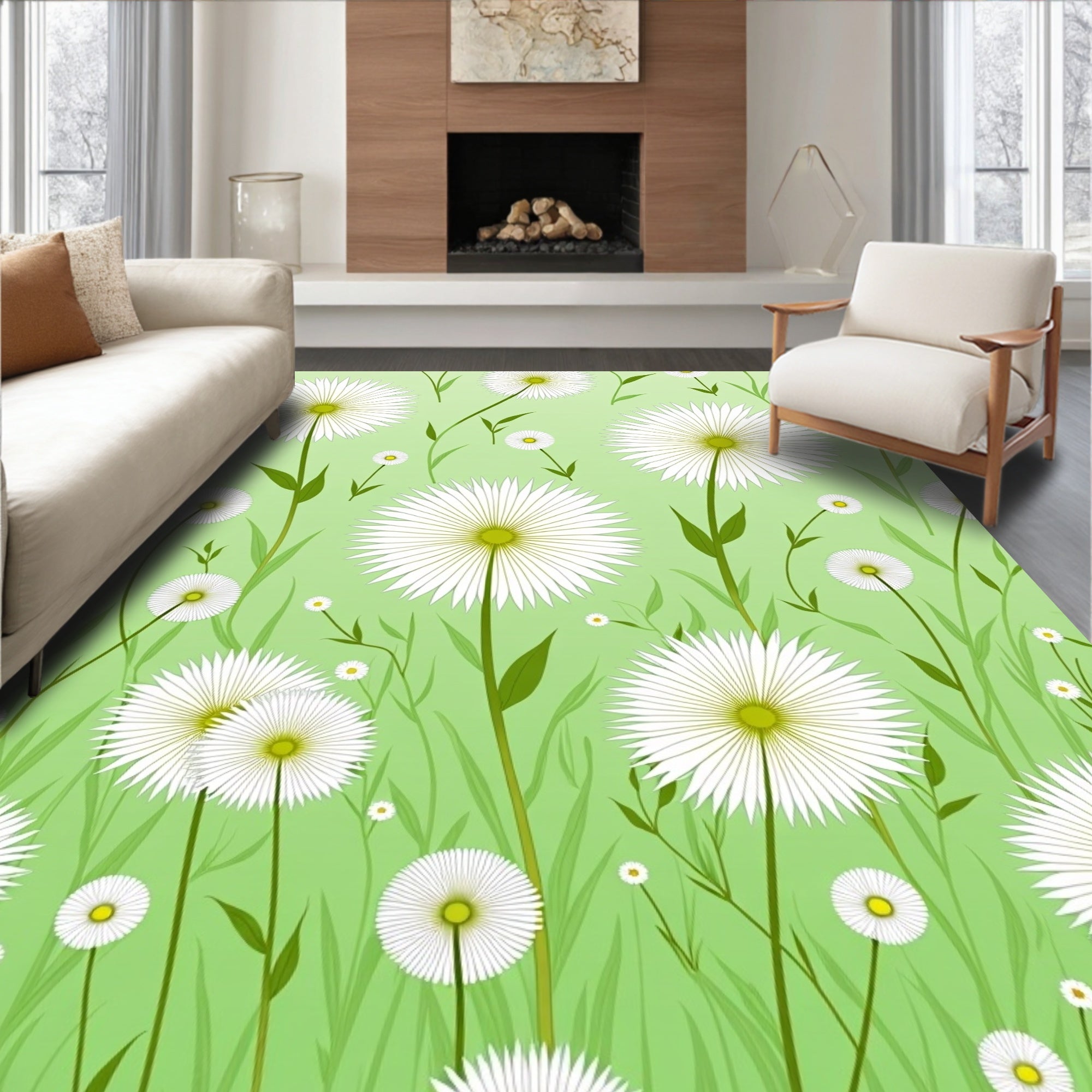 White Sunburst Floral Green Pattern Rug