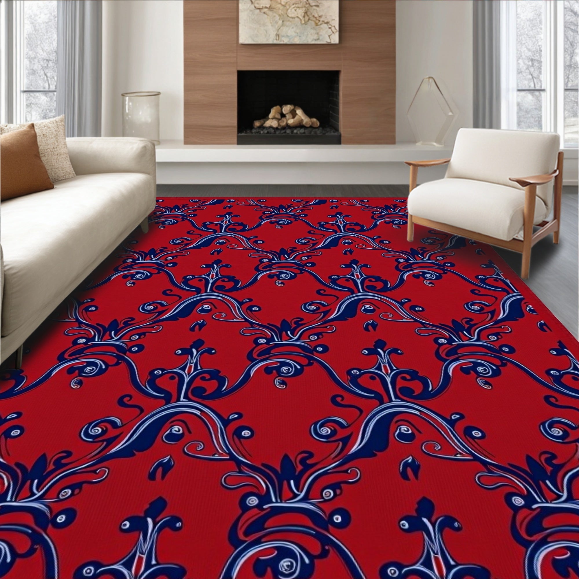 Elegant Red Blue Scroll Pattern Rug