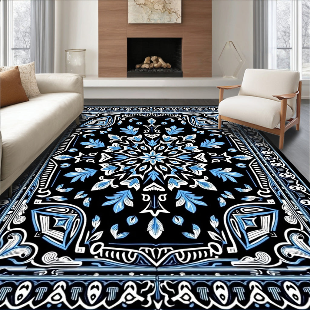 Black Blue Ornamental Floral Medallion Design Rug