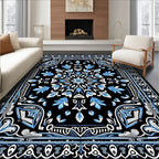 Black Blue Ornamental Floral Medallion Design Rug