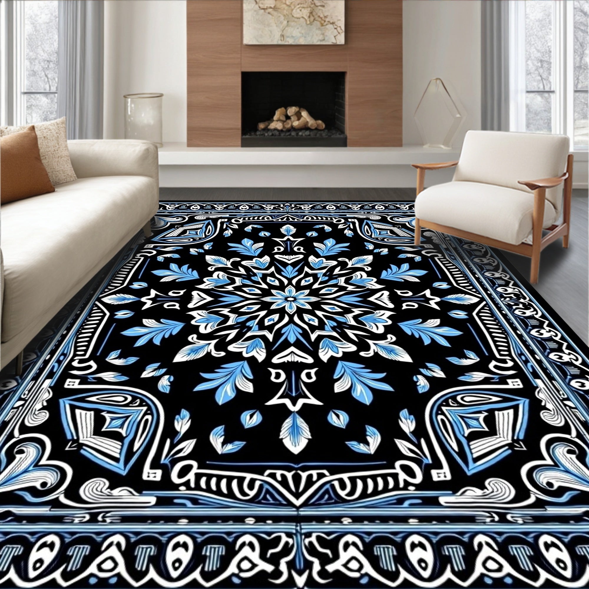 Black Blue Ornamental Floral Medallion Design Rug