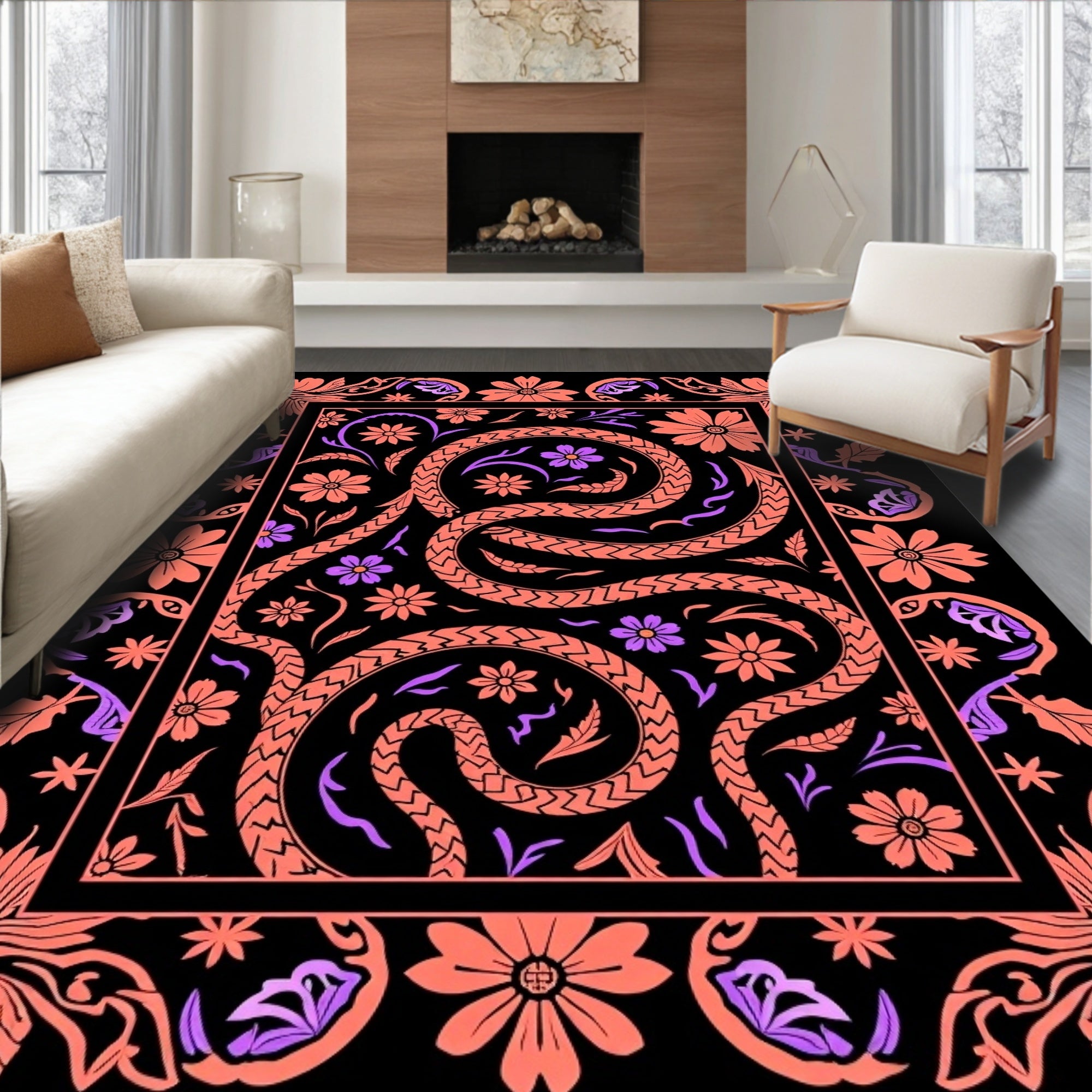 Coral Snake And Floral Pattern Rug