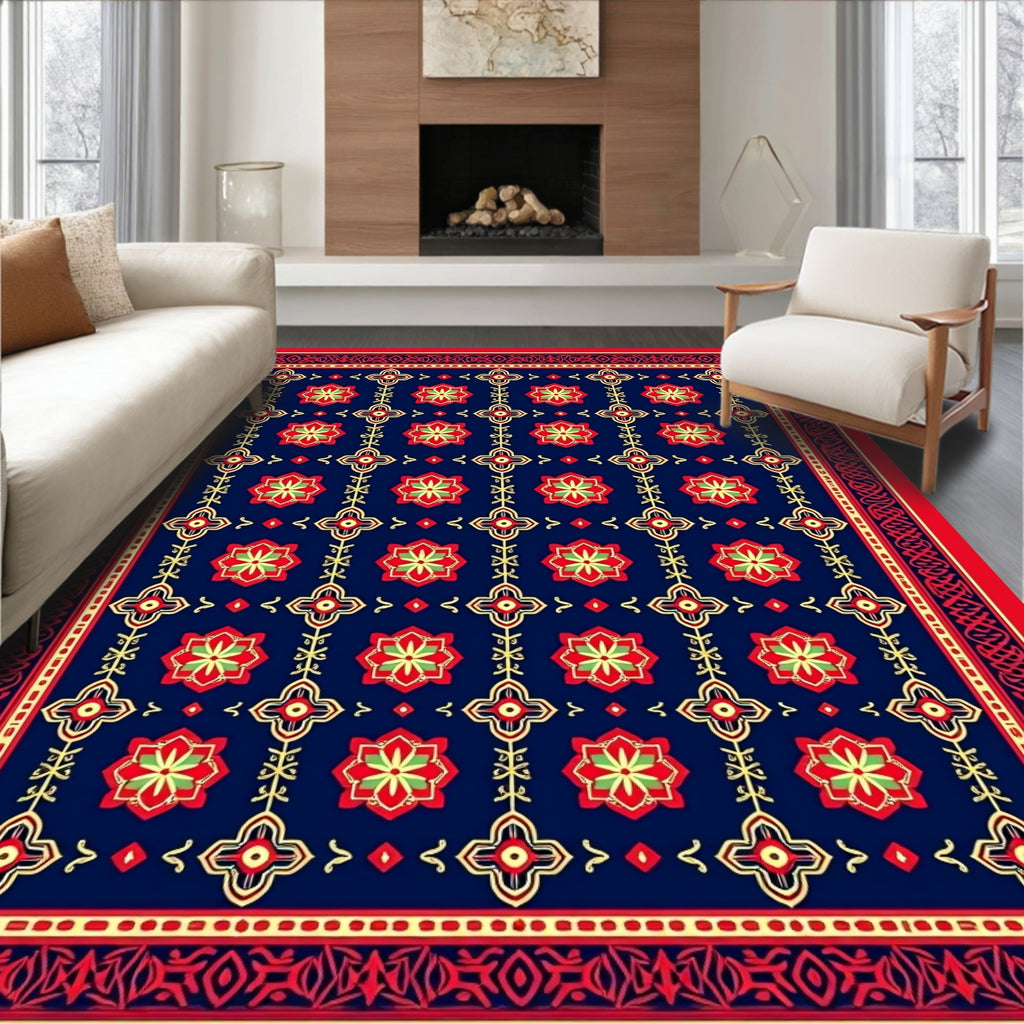 Floral Red Green Blue Geometric Pattern Rug