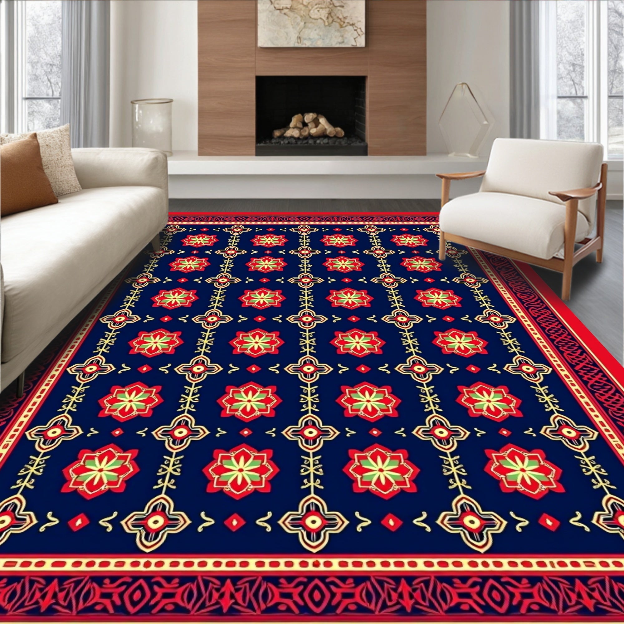 Floral Red Green Blue Geometric Pattern Rug