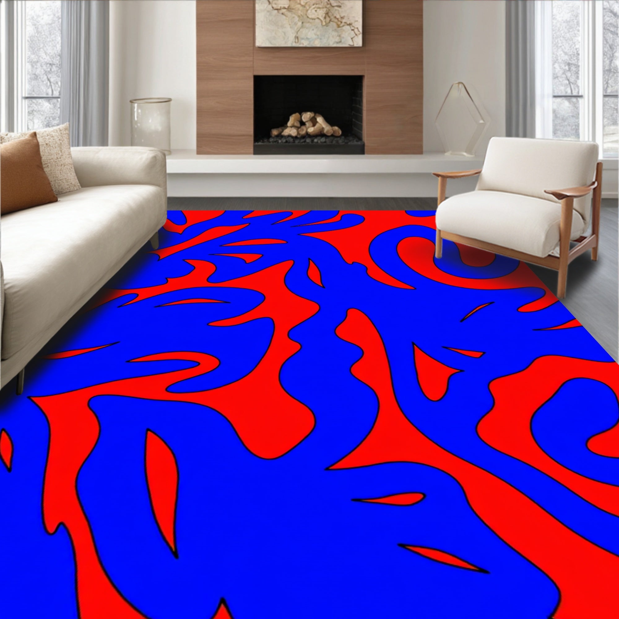 Bold Abstract Blue Red Swirl Pattern Rug