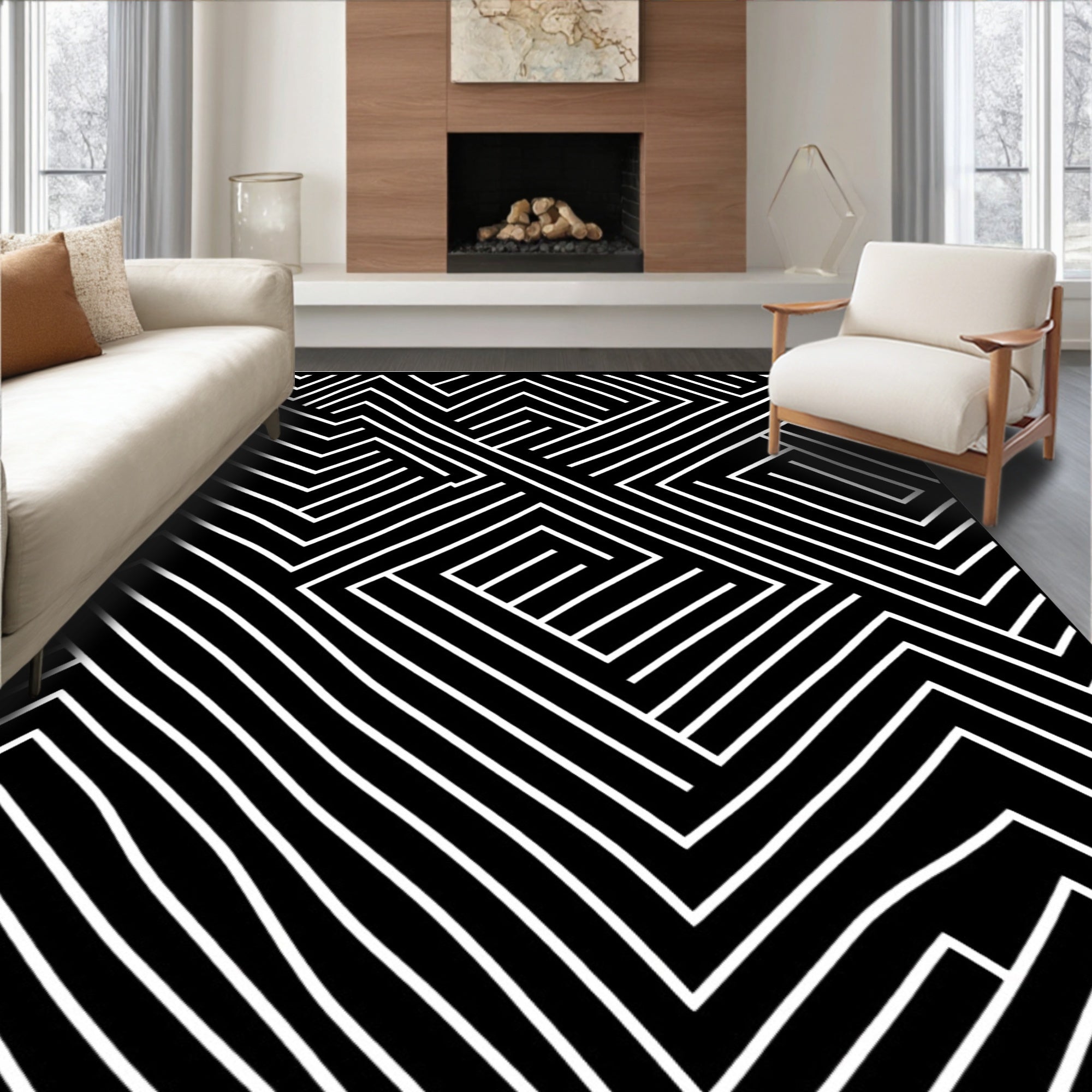 Abstract Black White Geometric Maze Pattern Rug