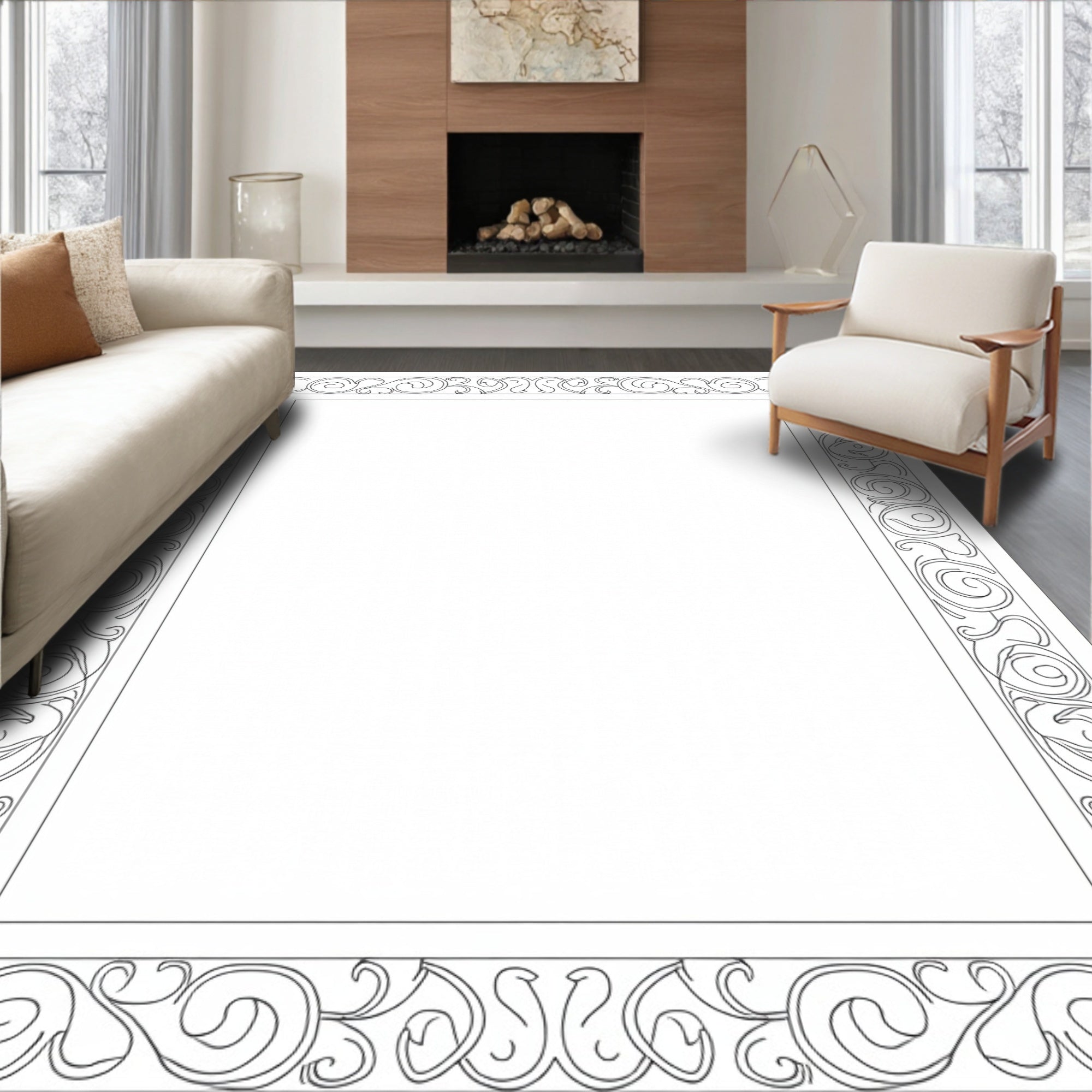 Black And White Scroll Border Design Rug