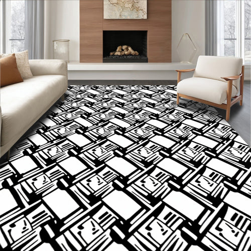Abstract Interlocking Black White Graphic Rug