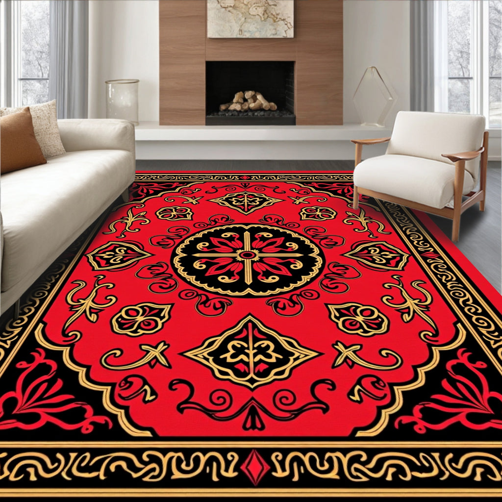 Bold Red Geometric Floral Patterned Rug