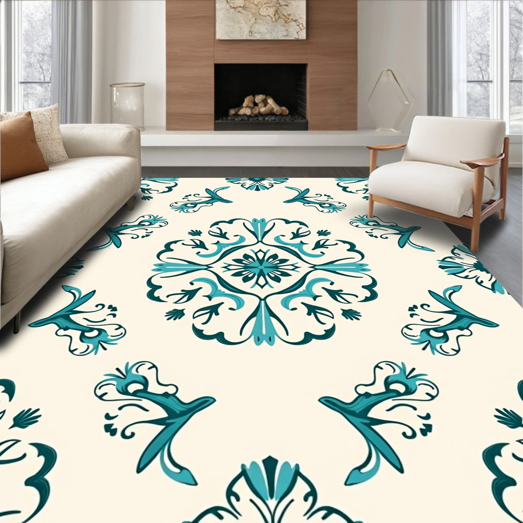 Teal And Cream Folk Art Pattern Rug