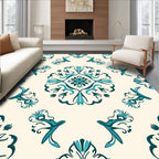 Teal And Cream Folk Art Pattern Rug