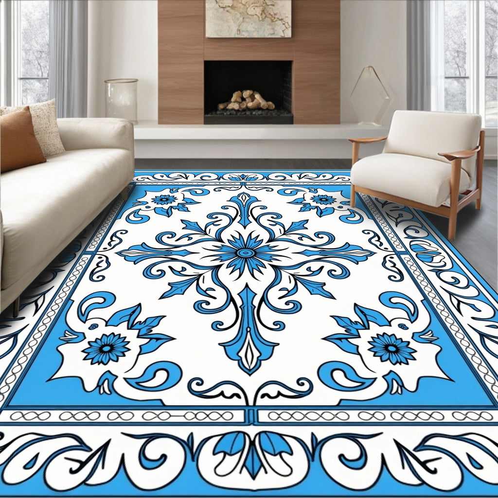 Classic Blue Floral Scroll Pattern Rug