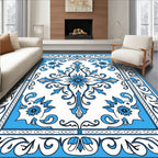 Classic Blue Floral Scroll Pattern Rug