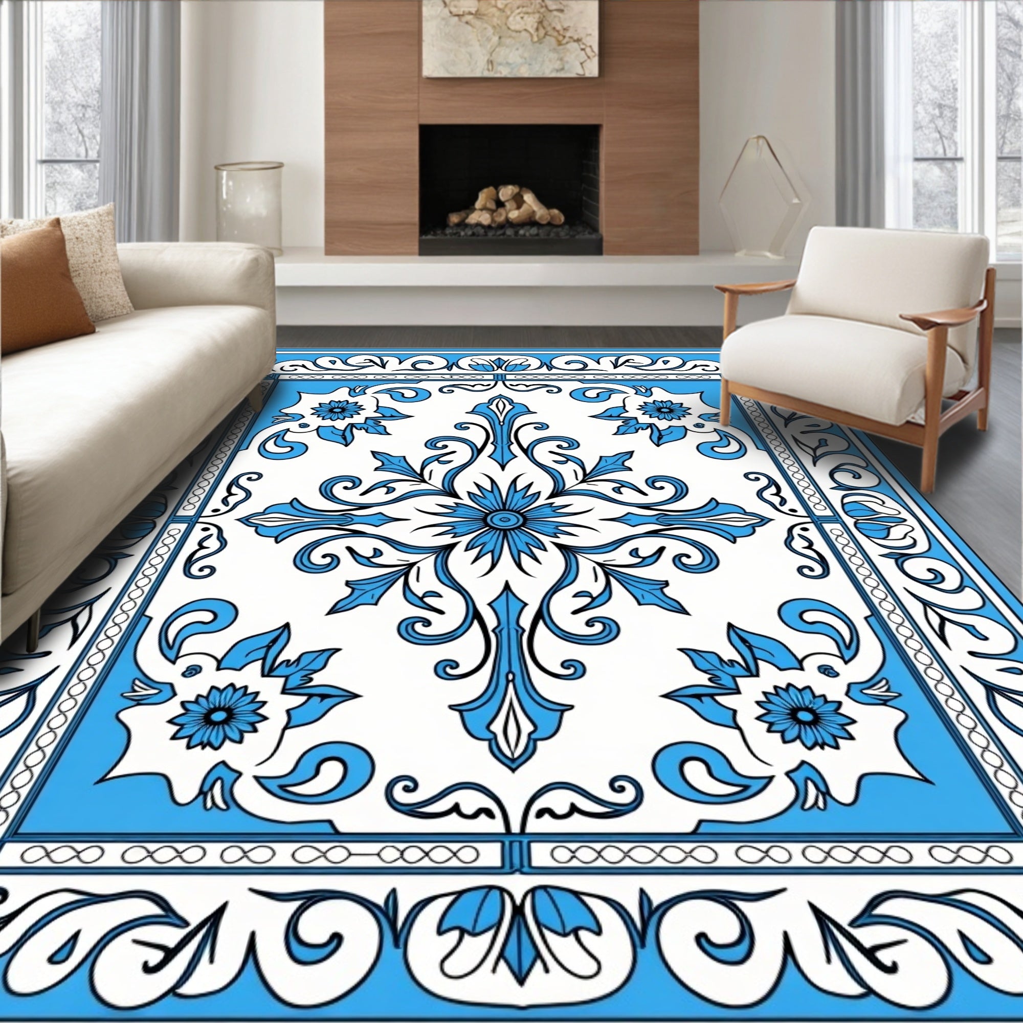 Classic Blue Floral Scroll Pattern Rug