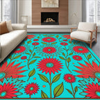 Vibrant Red Flower Patterned Teal Rug