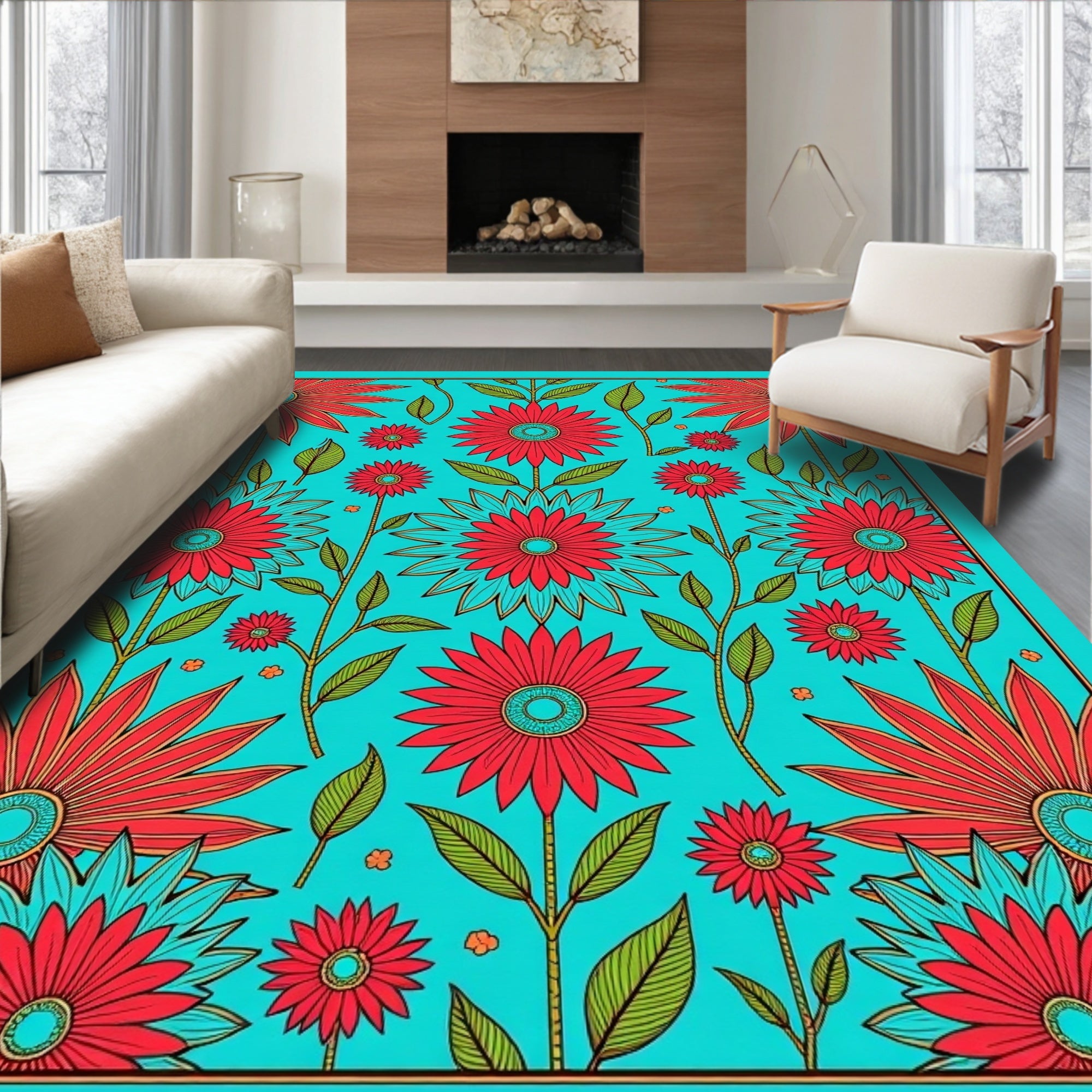 Vibrant Red Flower Patterned Teal Rug