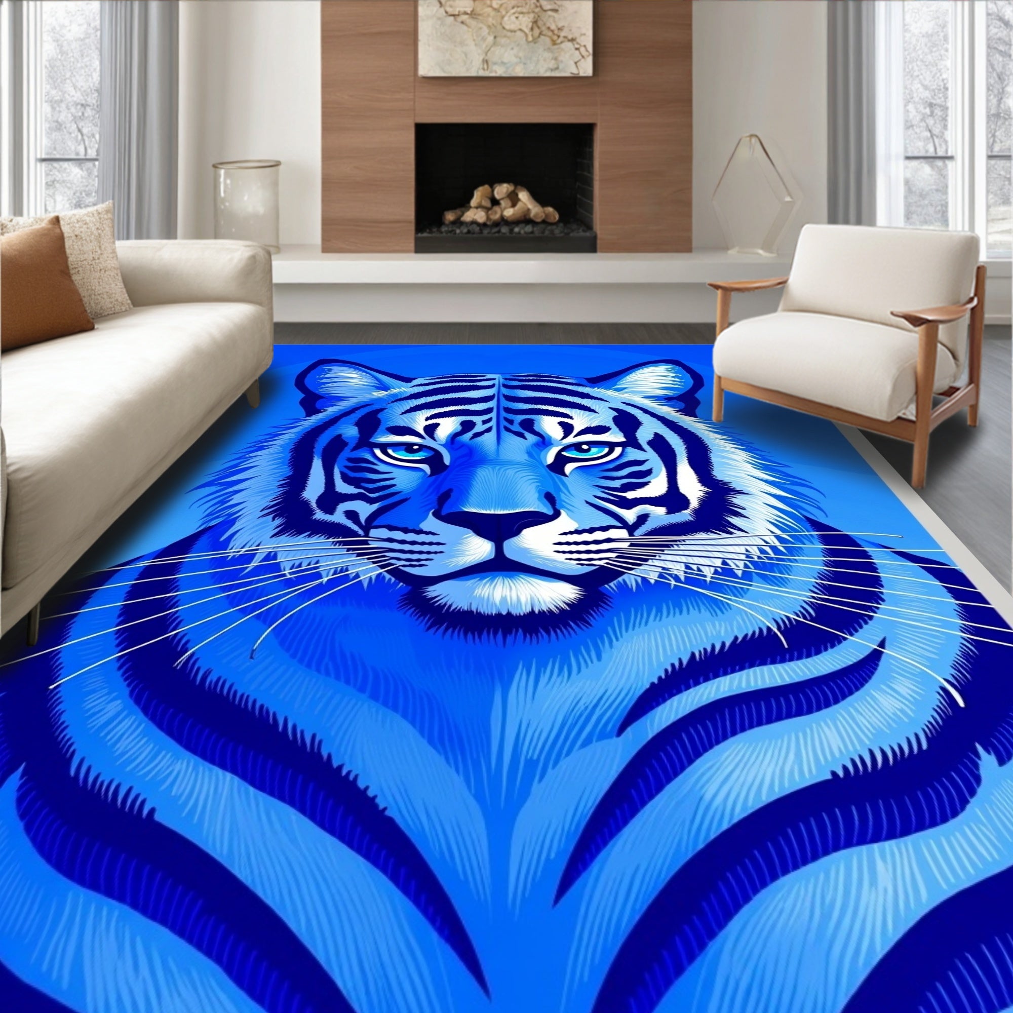 Bold Blue Tiger Stripe Pattern Rug