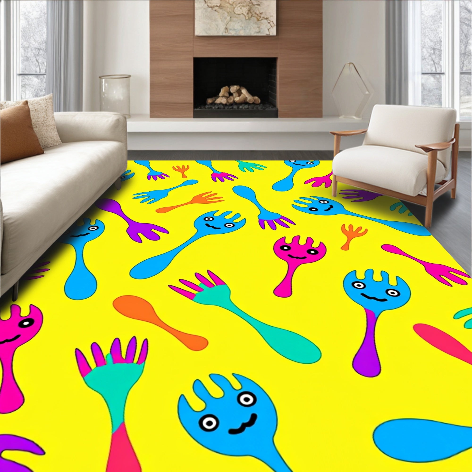 Bright Yellow Funky Fork Cartoon Assortment Rug