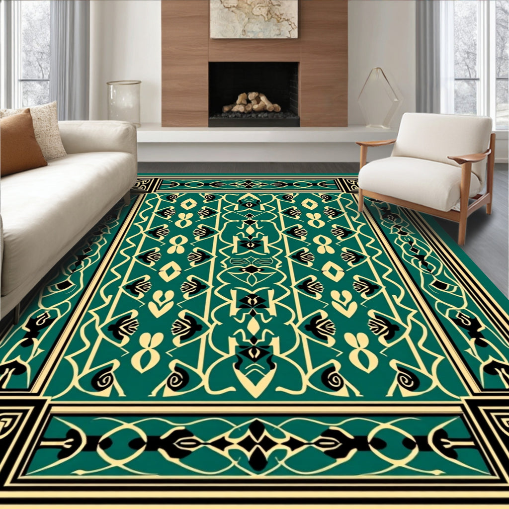 Teal Black Cream Ornamental Arabesque Rug