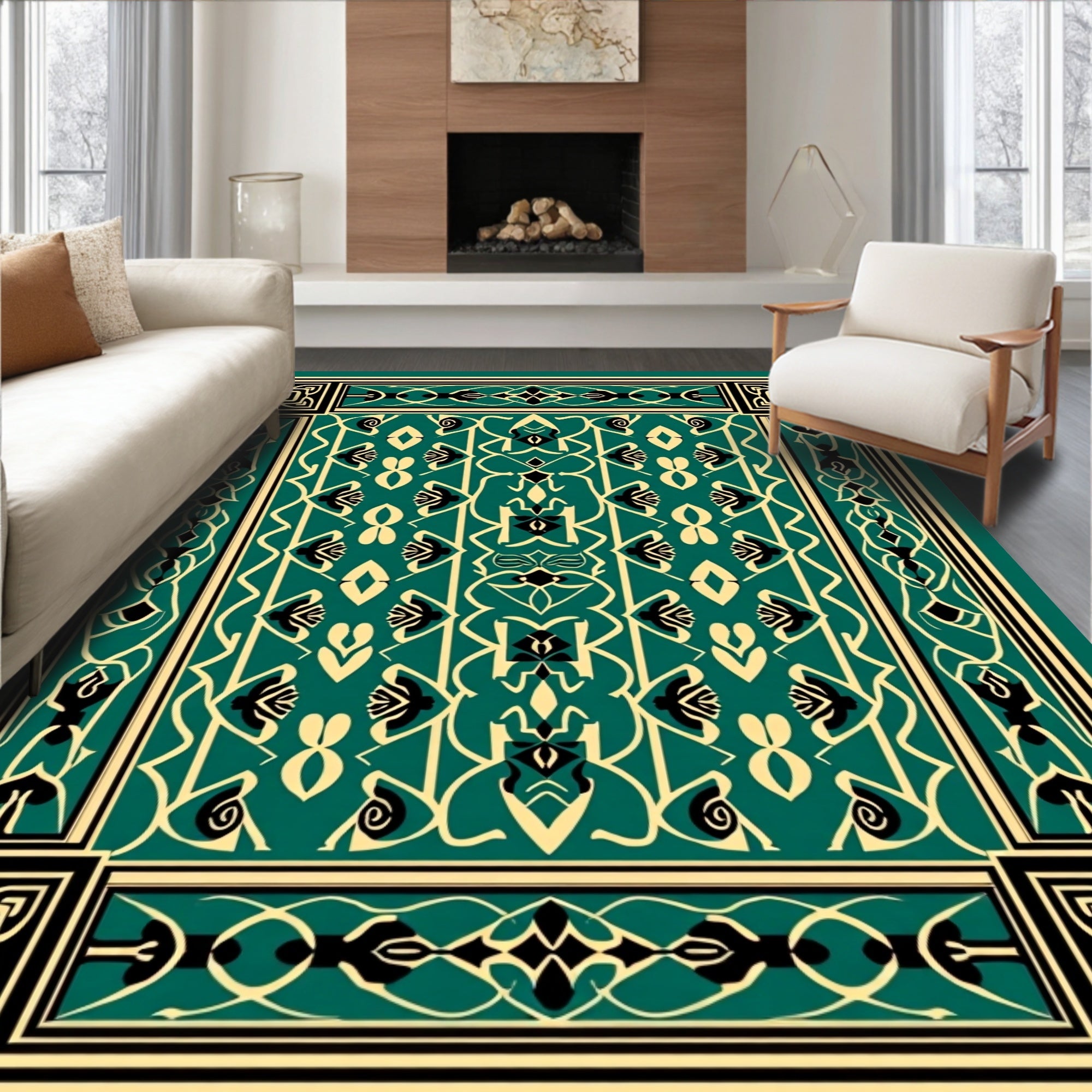 Teal Black Cream Ornamental Arabesque Rug