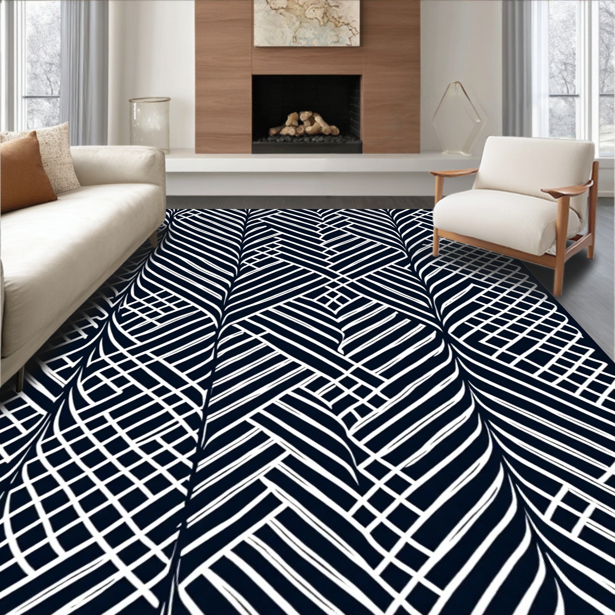 Monochrome Striped Interlocking Diamond Pattern Rug