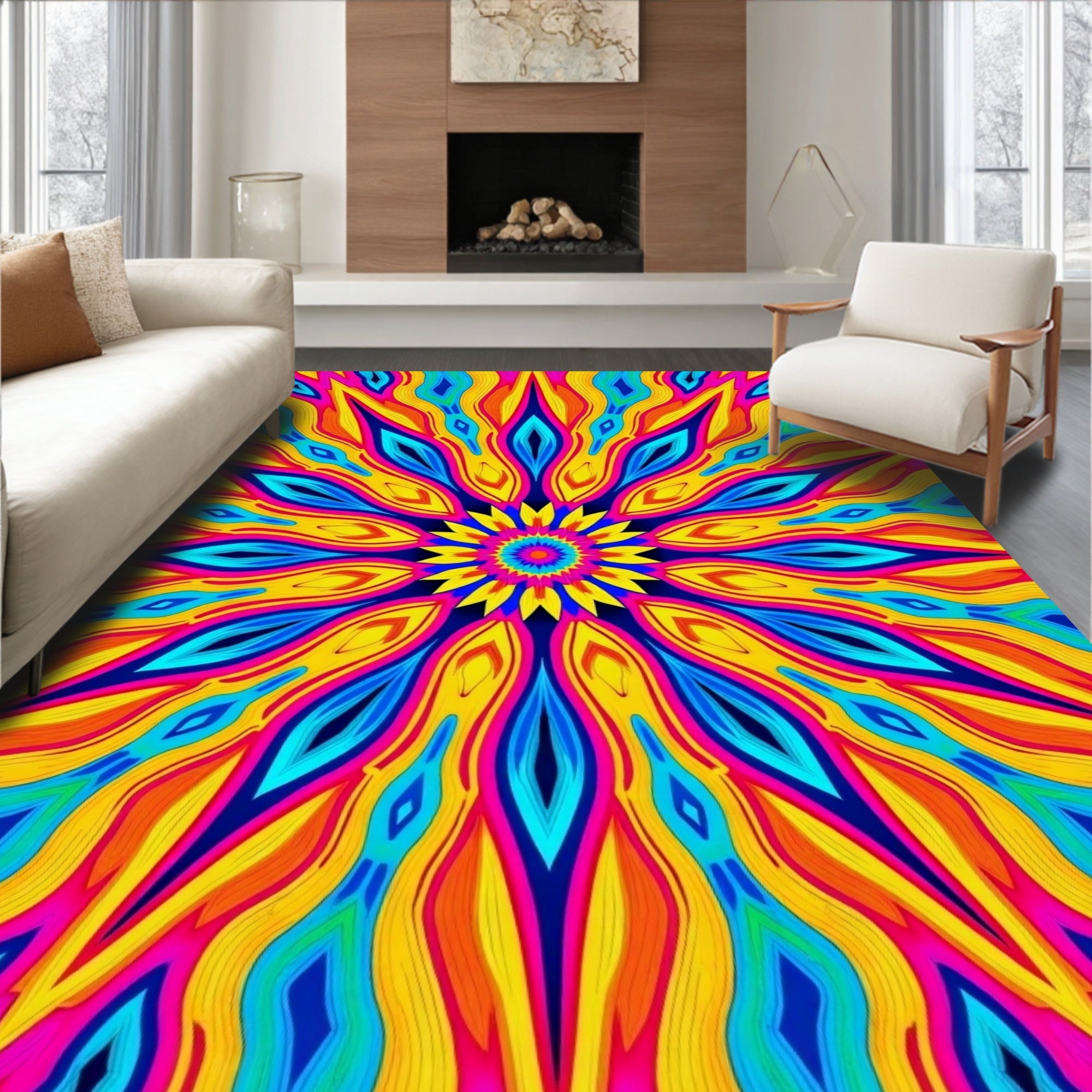 Vibrant Psychedelic Floral Mandala Rug