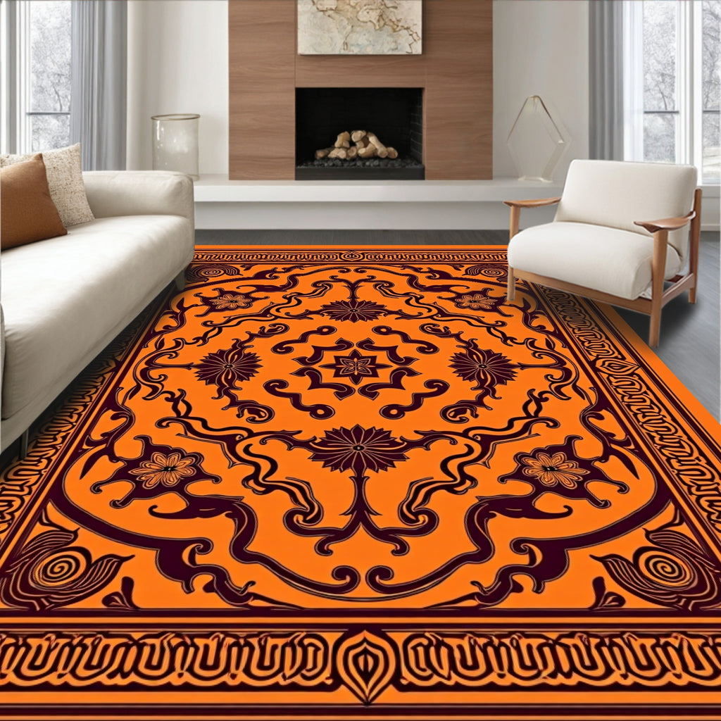 Orange Black Floral Medallion Pattern Rug