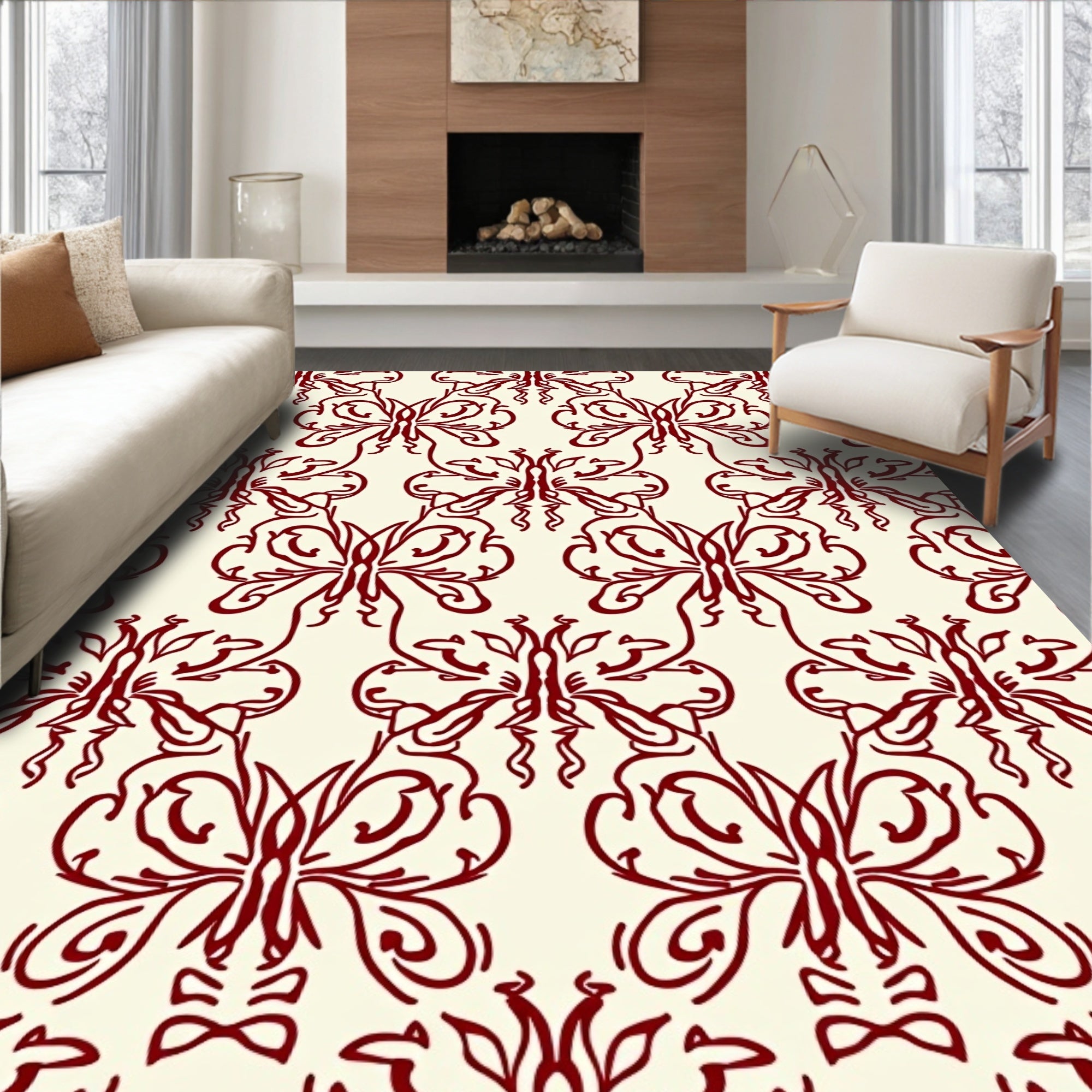 Elegant Red Butterfly Swirl Pattern Rug