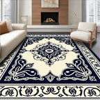 Classic Dark Navy Ivory Floral Medallion Rug