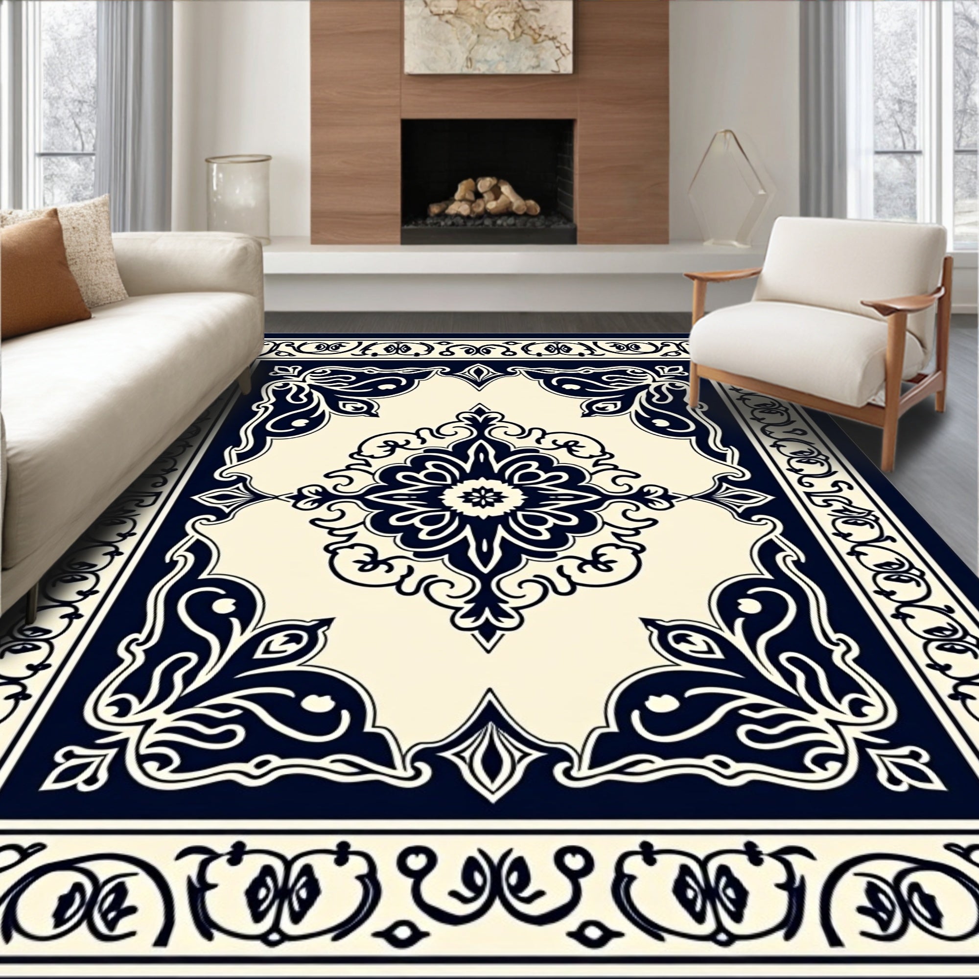 Classic Dark Navy Ivory Floral Medallion Rug