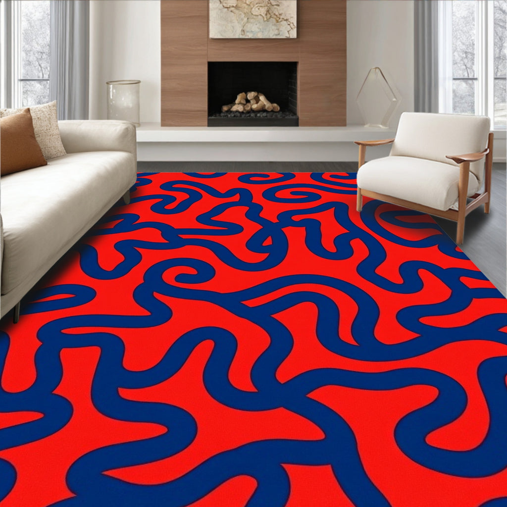 Bold Abstract Red And Blue Swirl Rug