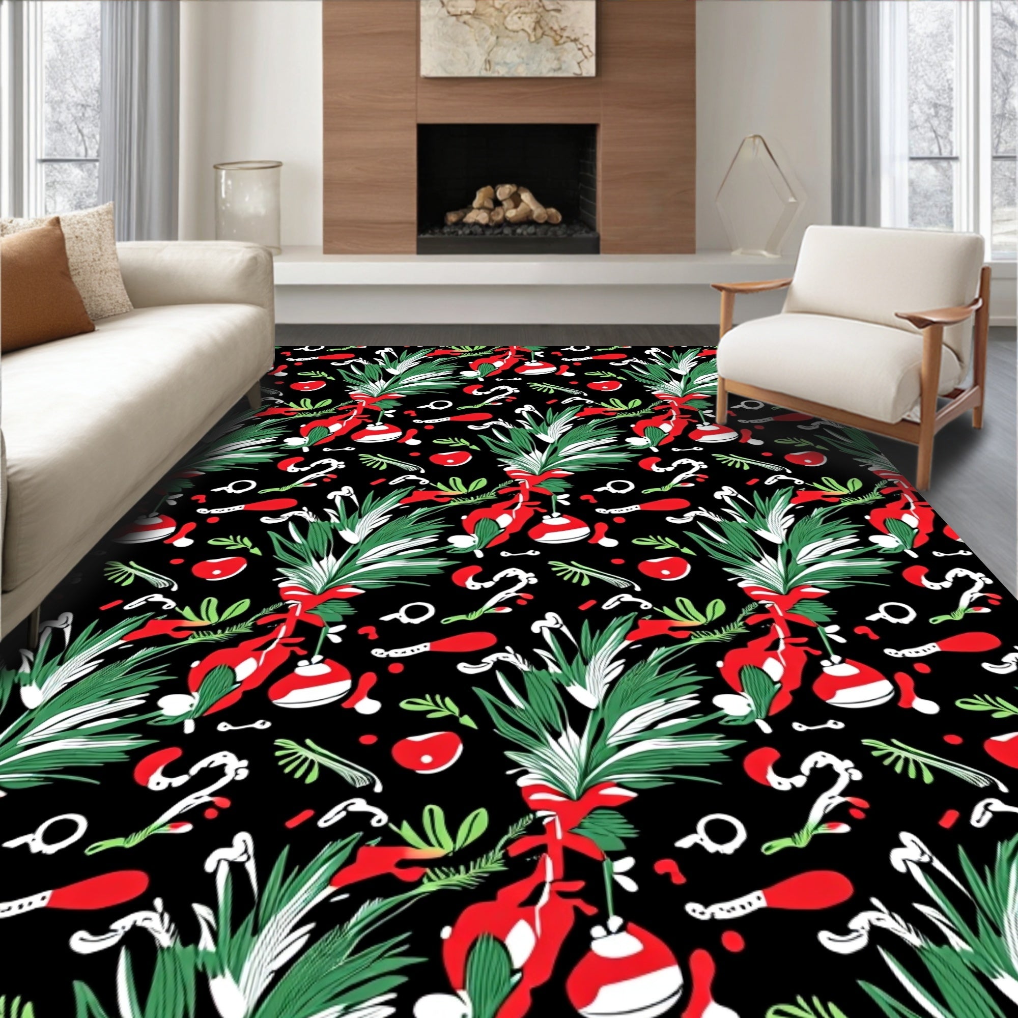 Festive Green Pine with Red Ornaments Rug
