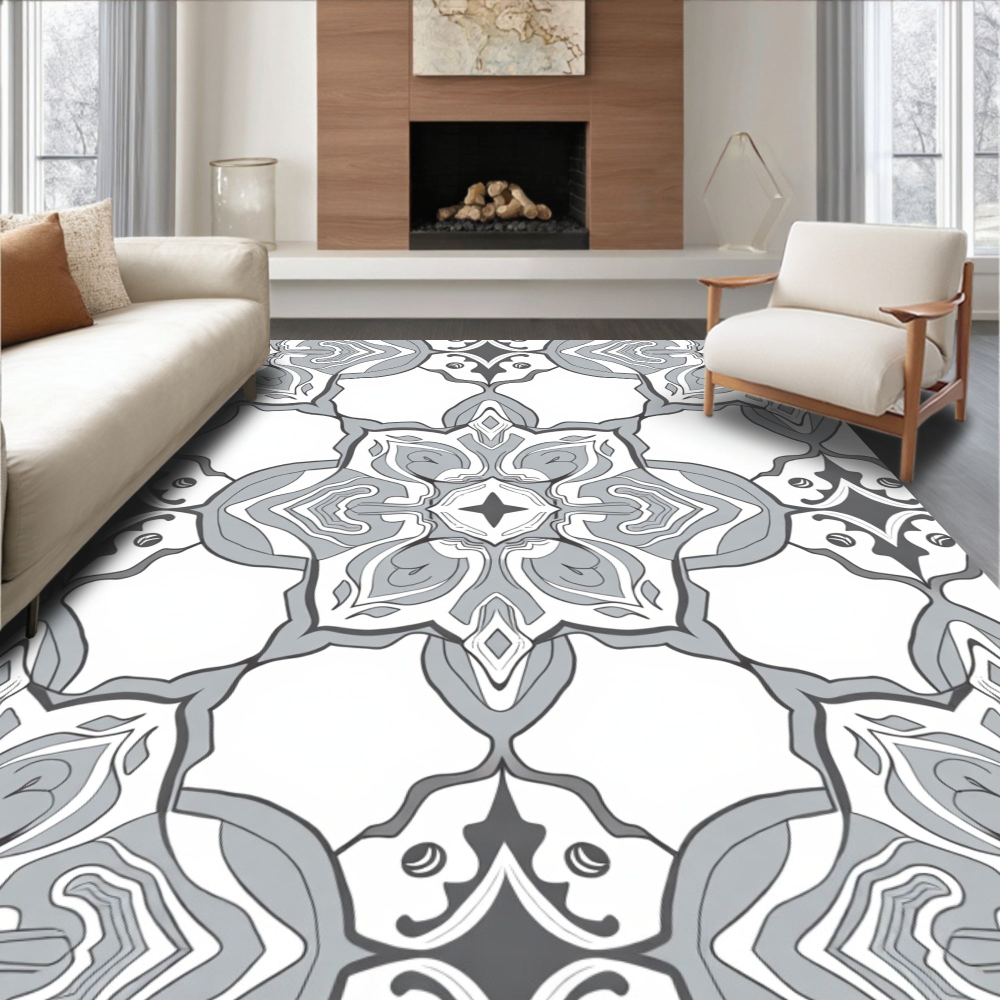 Intricate Gray Talavera Tile Pattern Rug