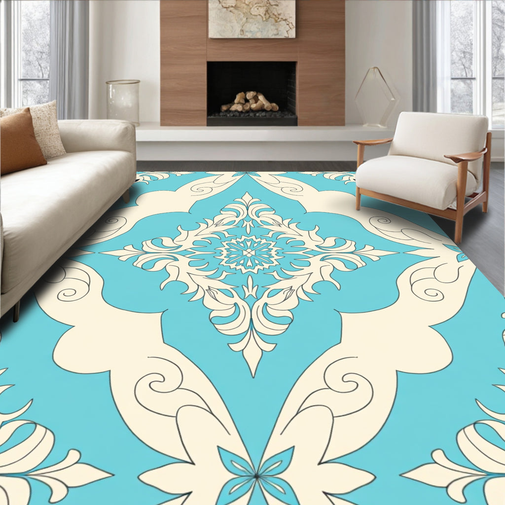Ornate Floral Motif Aqua Ivory Rug