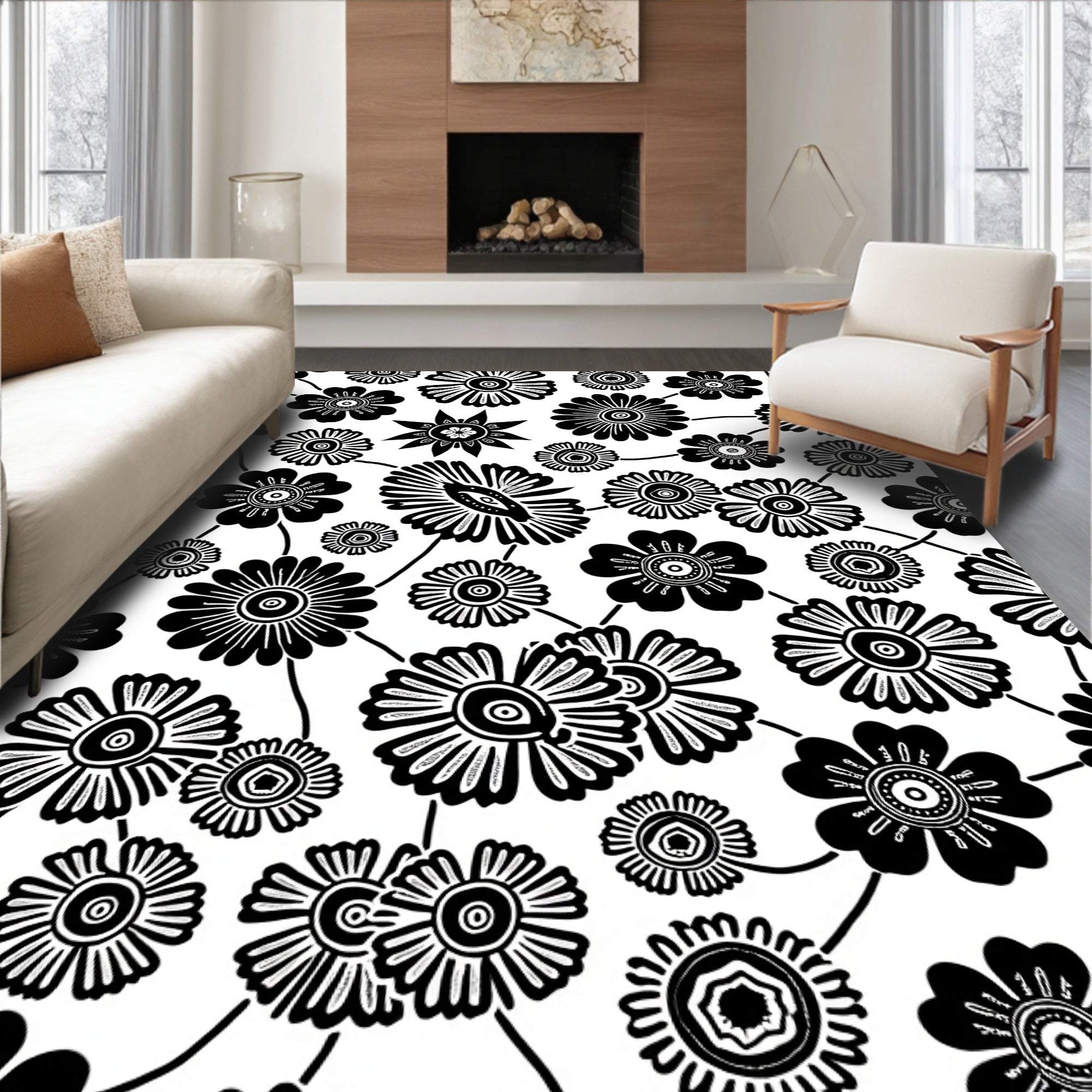 Black And White Floral Pattern Rug