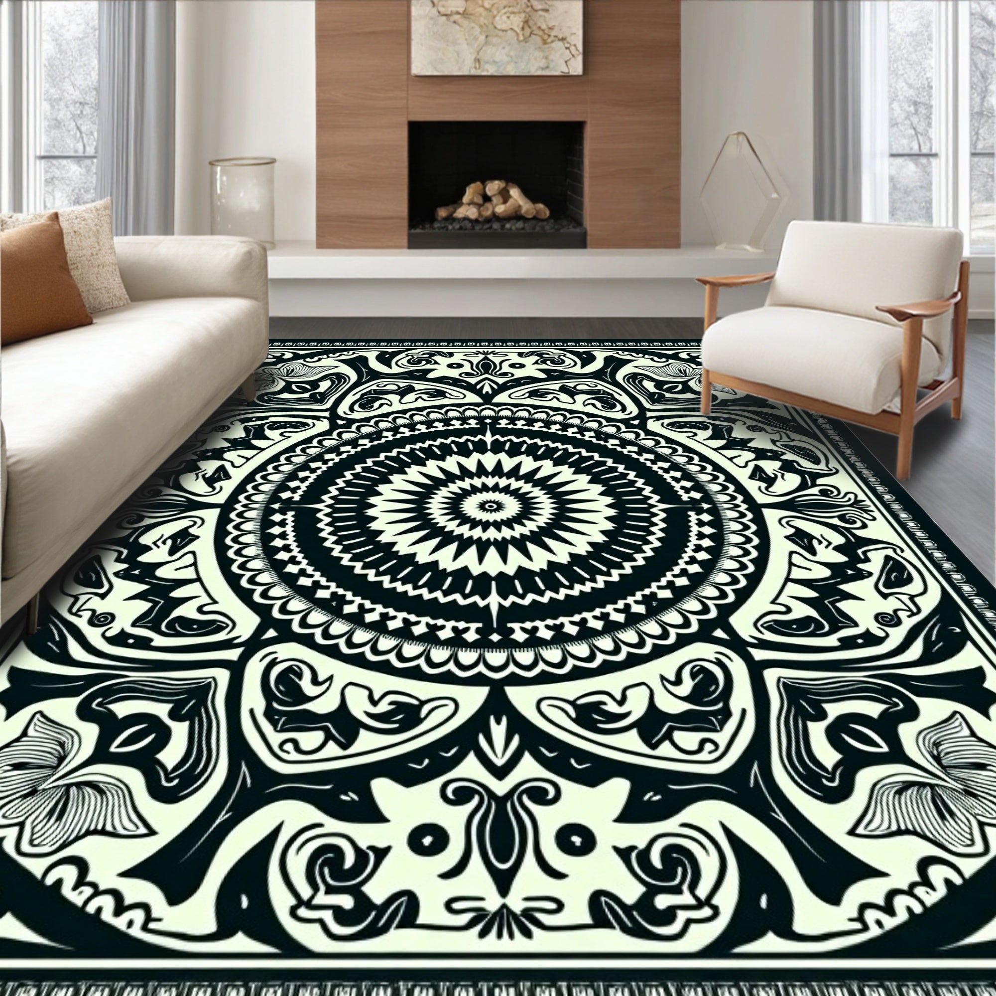 Intricate Floral Mandala Black and Ivory Rug