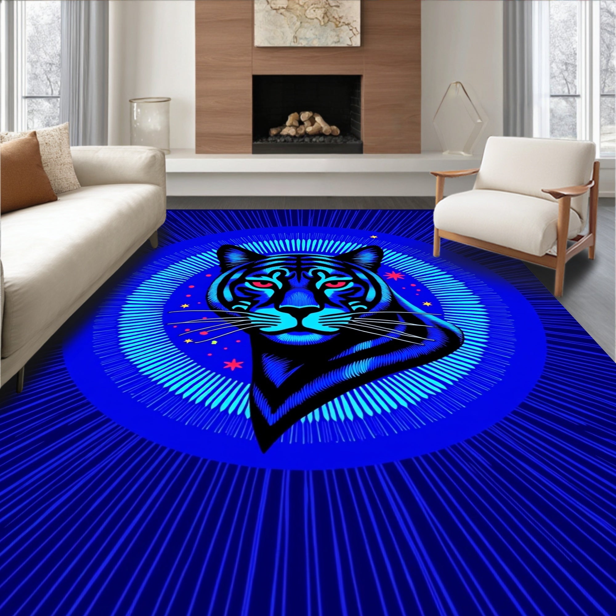 Bold Neon Tiger Radiating Circle Design Rug